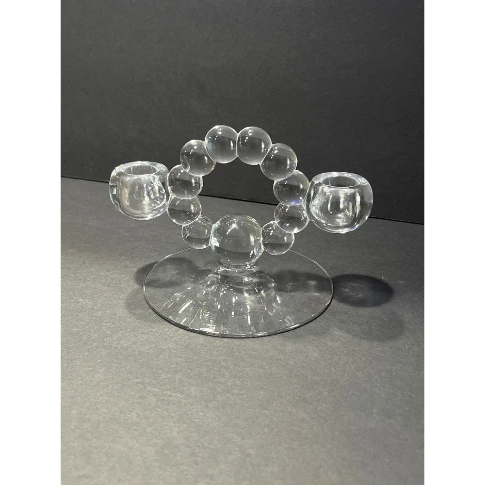 Vntg Clear Glass Bubble Ring Double Taper Candle Holders Pair Mid Century Style